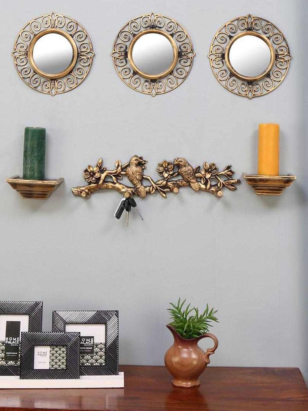 

Athome by Nilkamal Set Of 6 Gold-Toned & White Birds Branch With Mirror Wall Decor