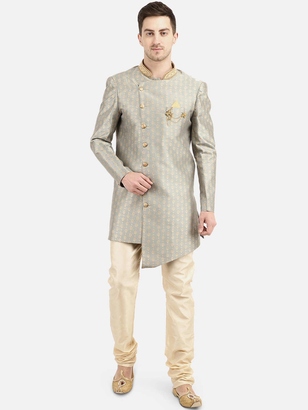 

V-Mart Men Grey & Gold-Coloured Self-Design Sherwani Set