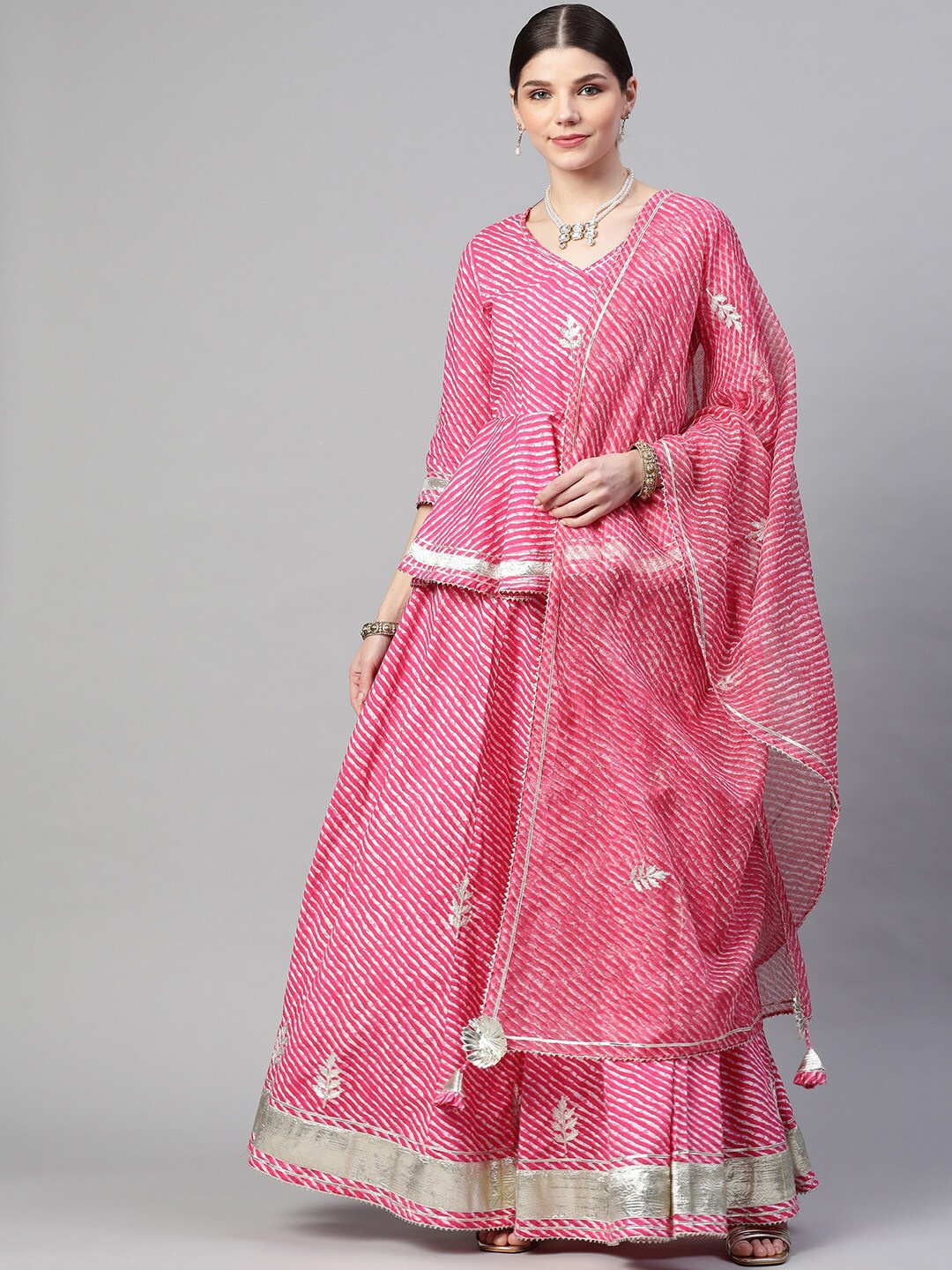 

Divena Pink & White Ready to Wear Leheriya Lehenga & Blouse With Dupatta