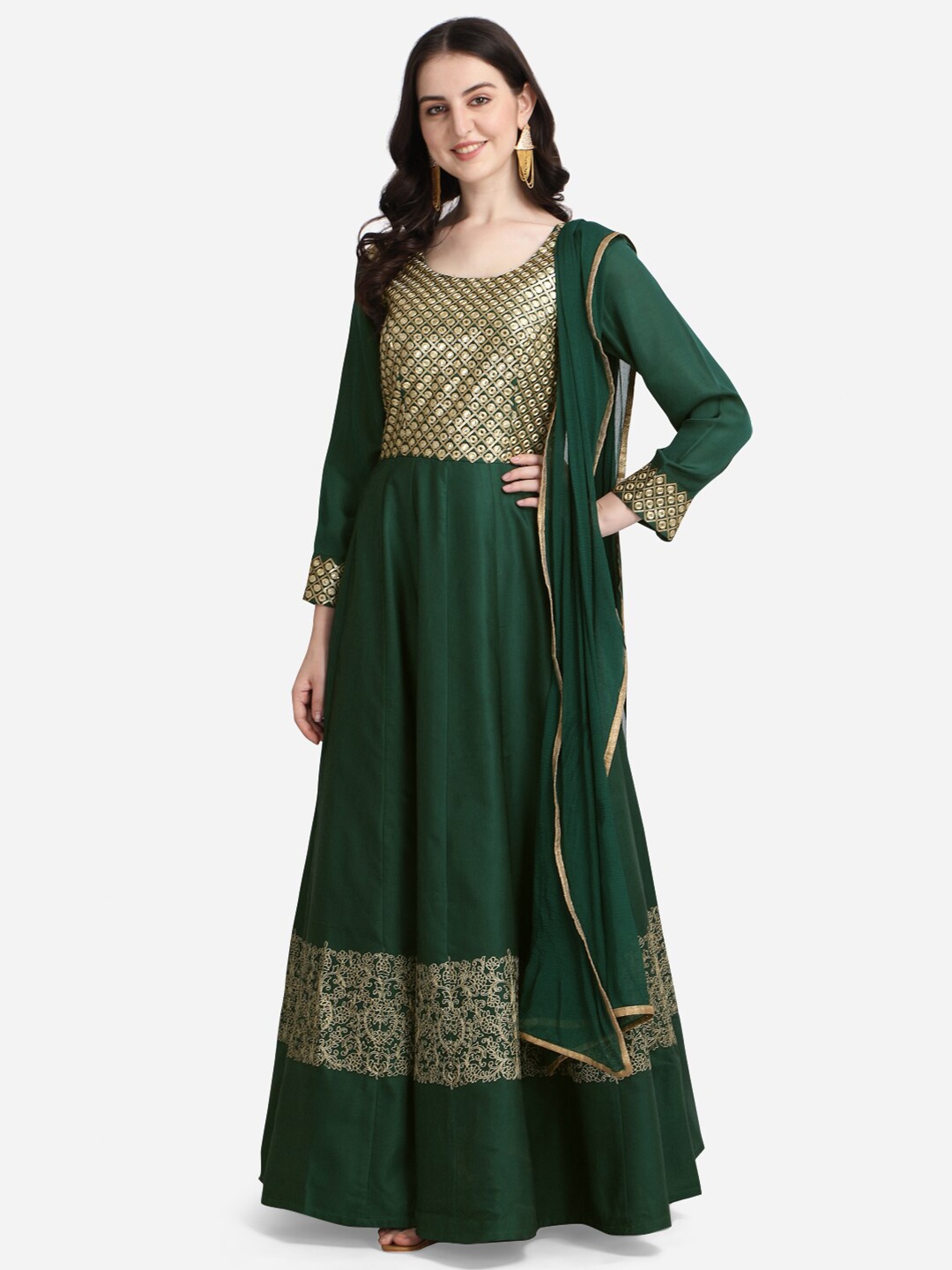 

NAKKASHI Green Mirror Embellished Satin Maxi Dress with Dupatta