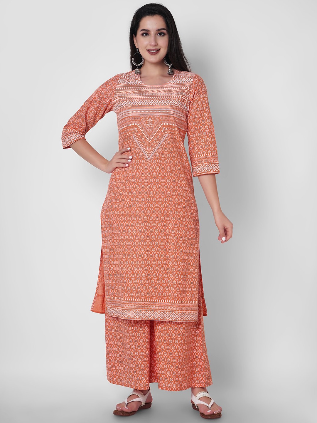 

ORTANGE Women Orange Ethnic Motifs Printed Pure Cotton Kurta with Palazzos