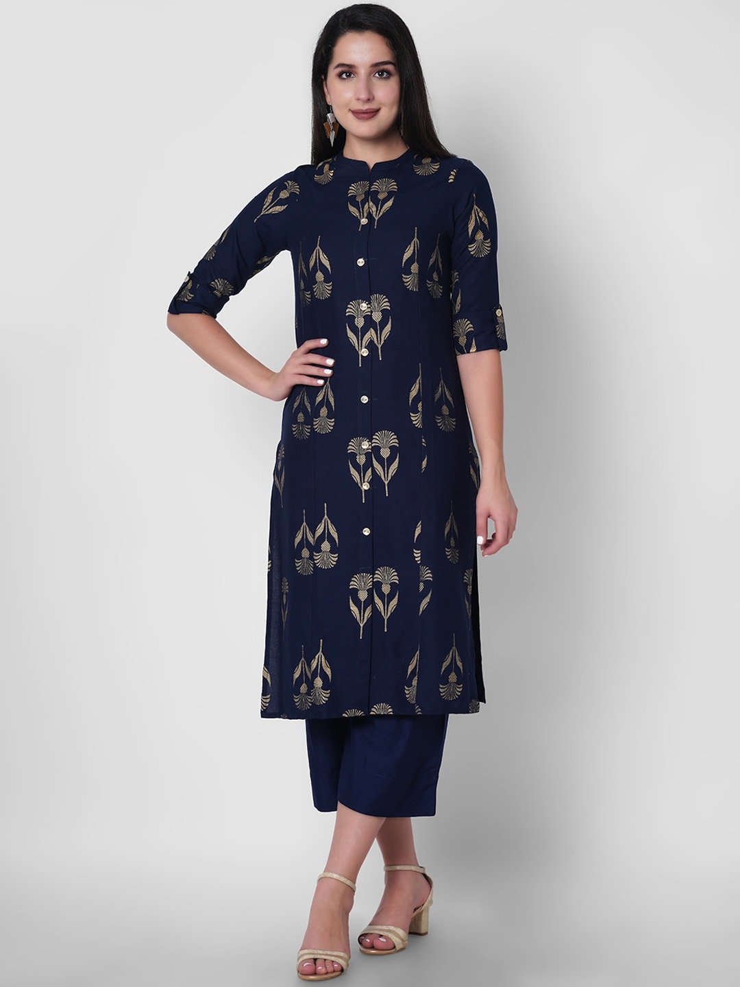 

ORTANGE Women Blue Floral Printed Panelled Kurta with Palazzos