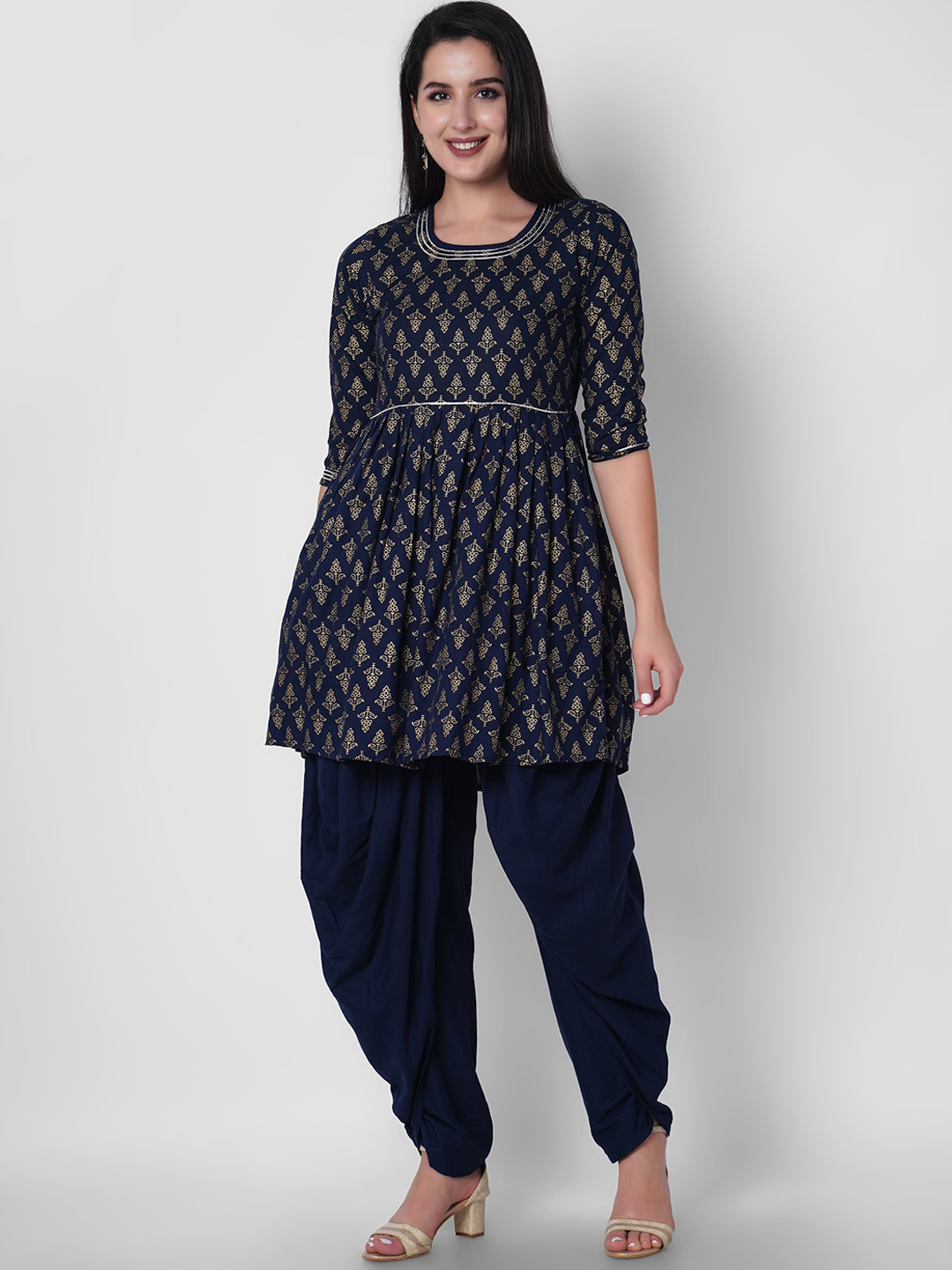 

ORTANGE Women Blue Ethnic Motifs Printed Gotta Patti Kurta with Dhoti Pants