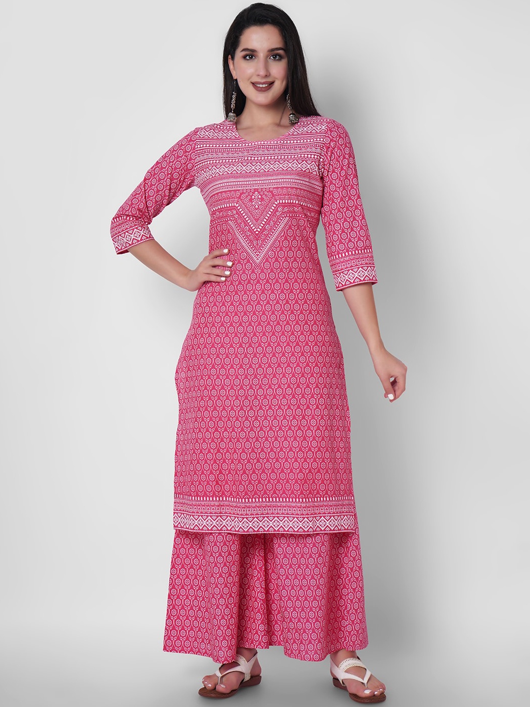 

ORTANGE Women Pink Ethnic Motifs Printed Pure Cotton Kurta with Palazzos 100% Cotton