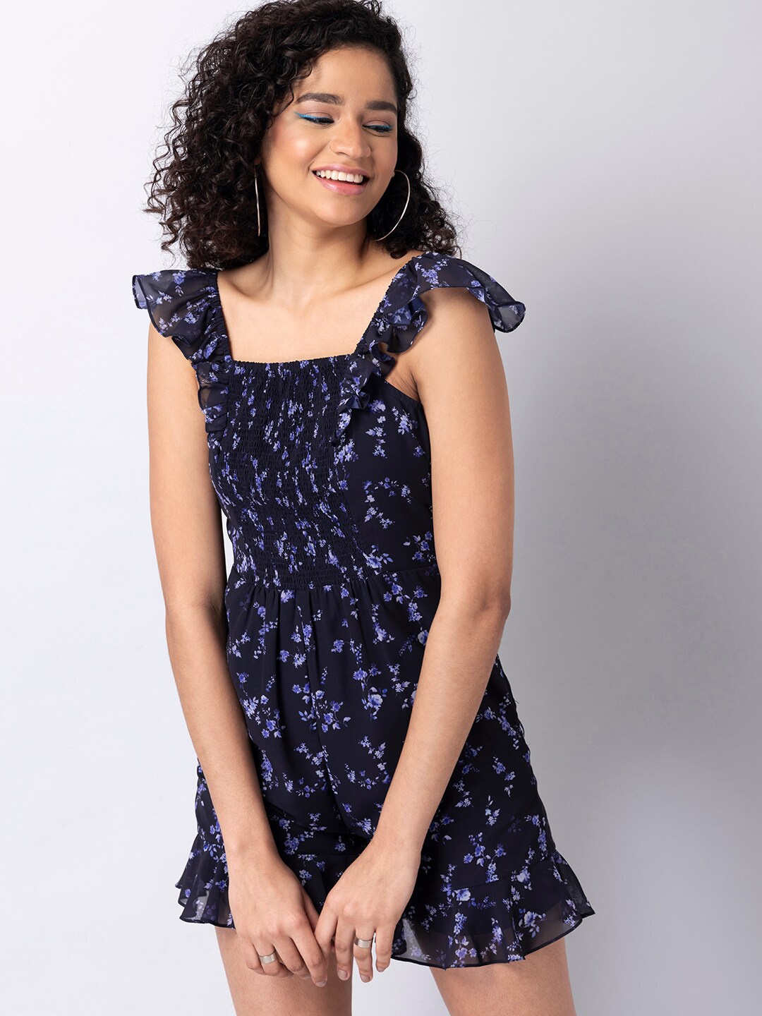 

FabAlley Navy Blue Printed Basic Jumpsuit with Ruffles