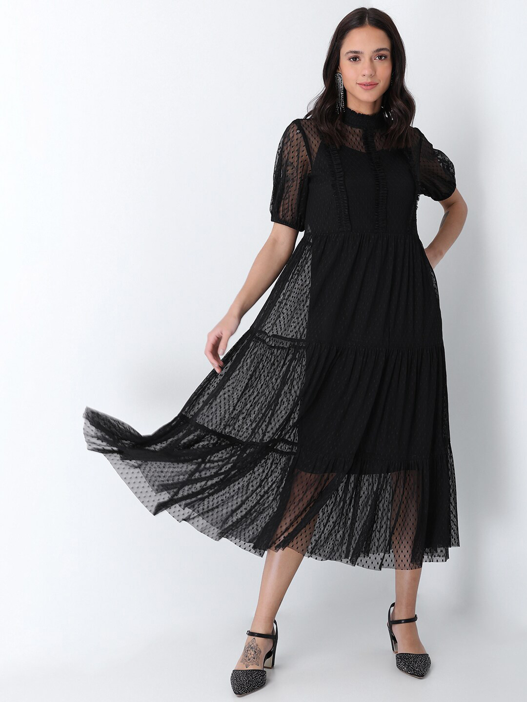 

FabAlley Black Net Tiered Midi Dress