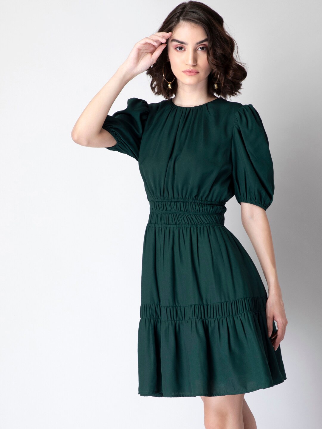 

FabAlley Green Smocked Puff Sleeved Crepe Dress