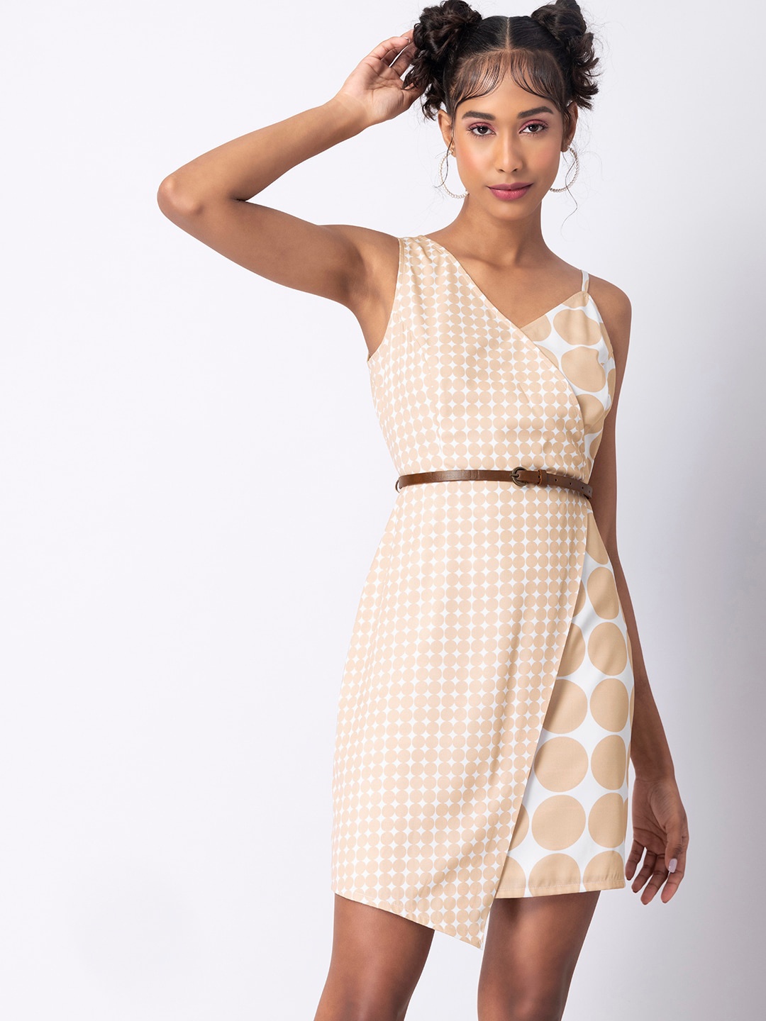 

FabAlley Women Beige Checked Crepe Asymmetric Hem with Tan Belt Sheath Dress