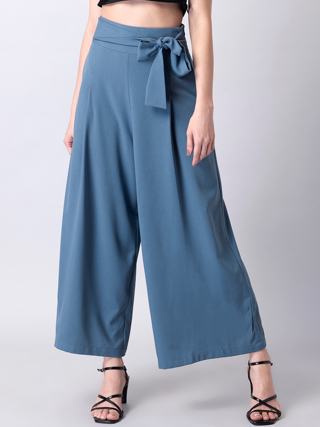 

FabAlley Women Solid Blue High-Rise Pleated Trousers