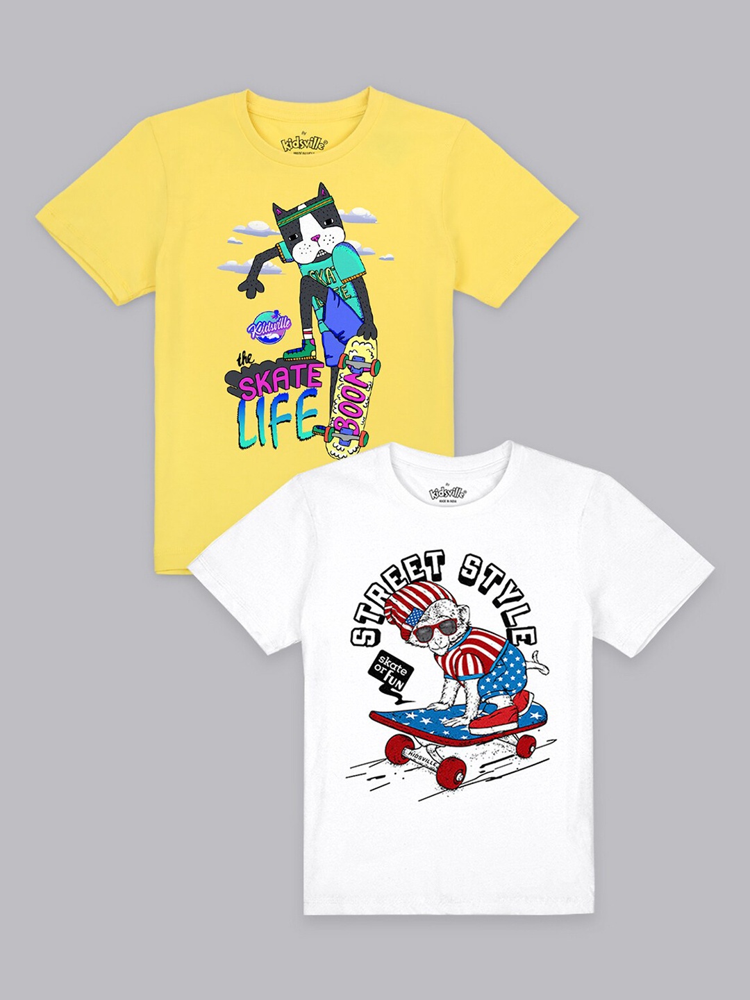 

Kids Ville Boys Yellow & White 2 Printed Applique T-shirt 100% Cotton