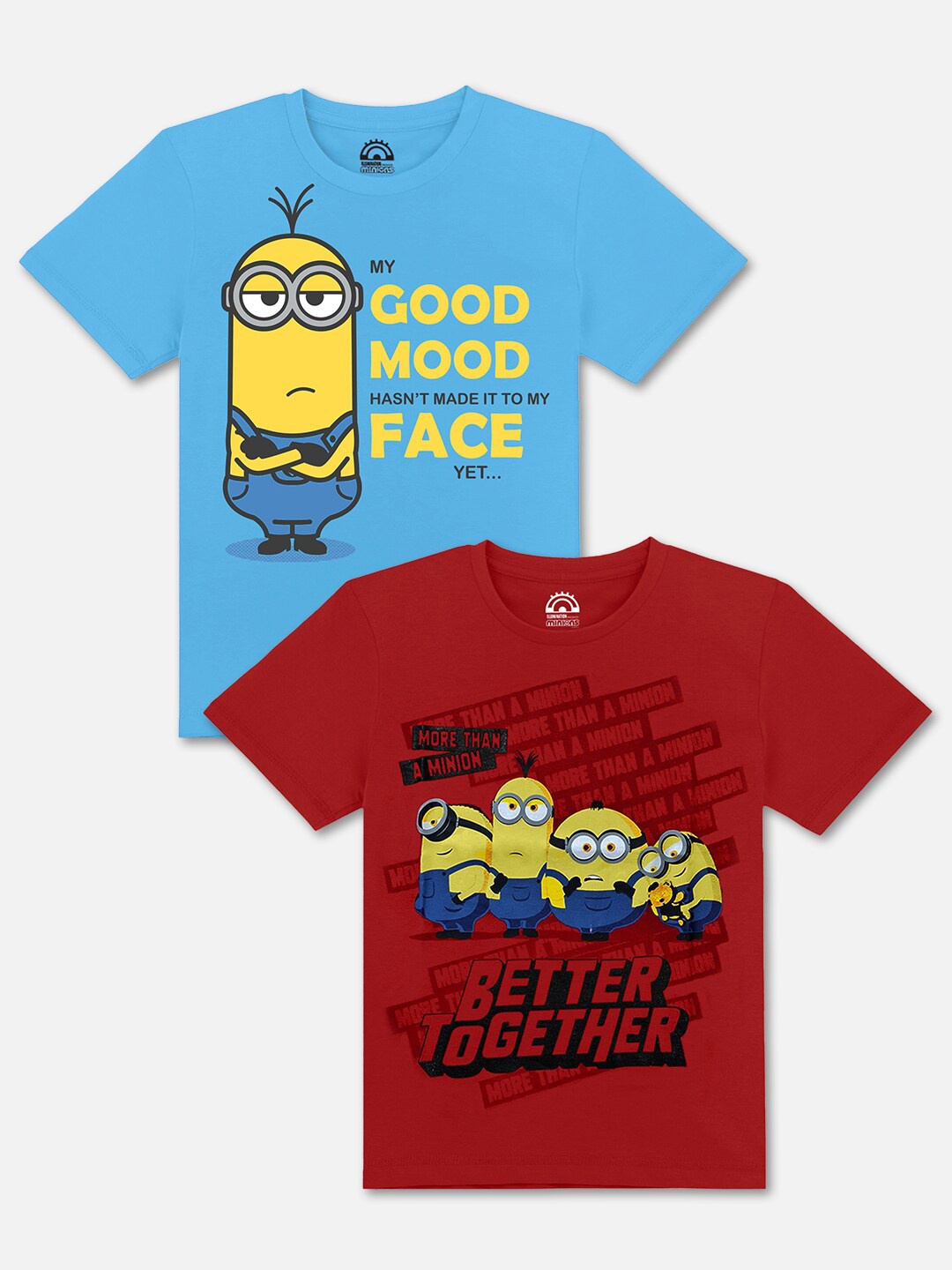 

Kids Ville Boys Pack of 2 Blue & Red 2 Minions 100% Cotton Printed T-shirts
