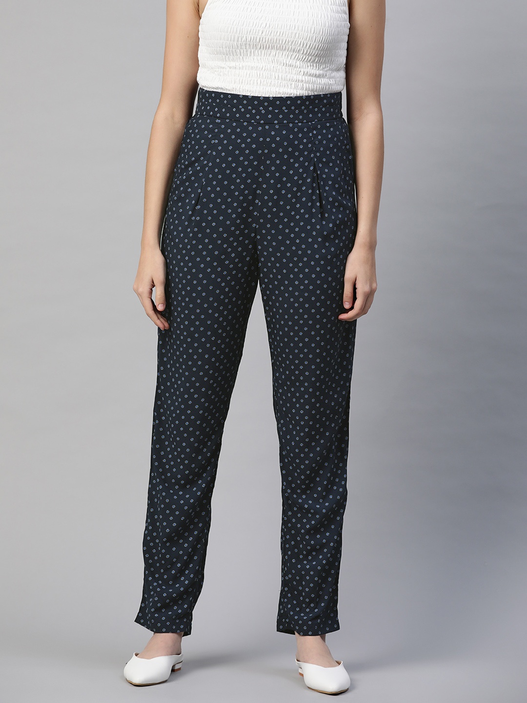 

Marks & Spencer Women Navy Blue & Off-White Printed Tapered Fit High-Rise Pleated Trousers