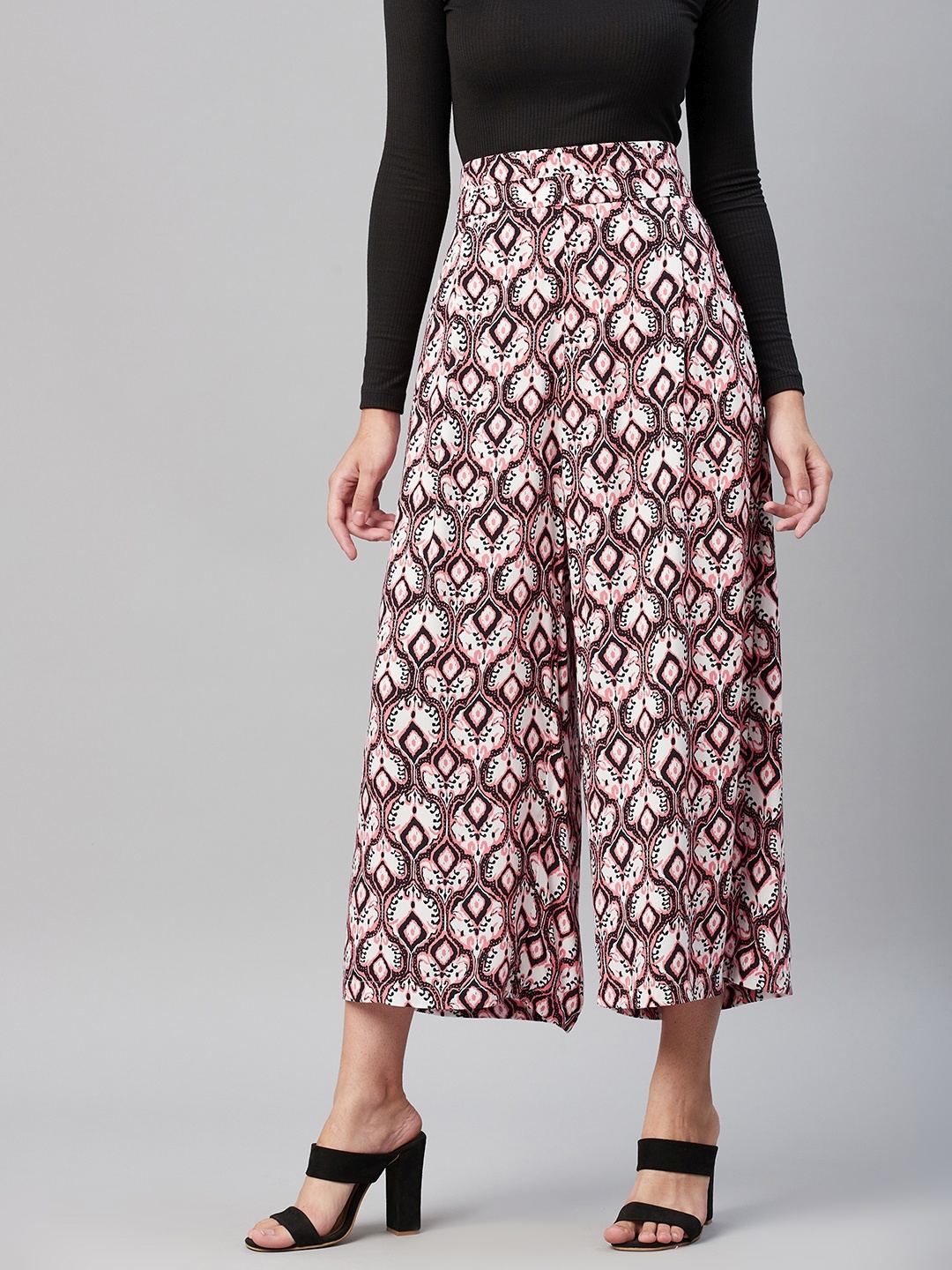 

Marks & Spencer Women White Ethnic Printed Wide Leg High-Rise Pleated Cropped Trousers