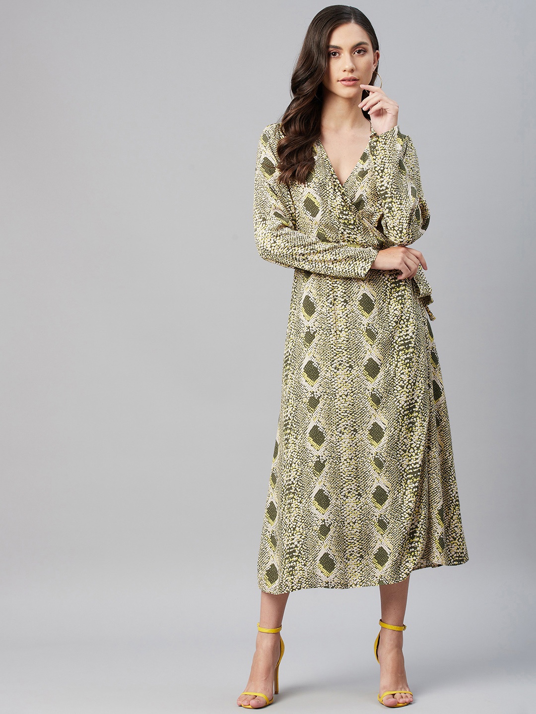 

Marks & Spencer Women Olive Green & White Animal Printed Midi Wrap Dress