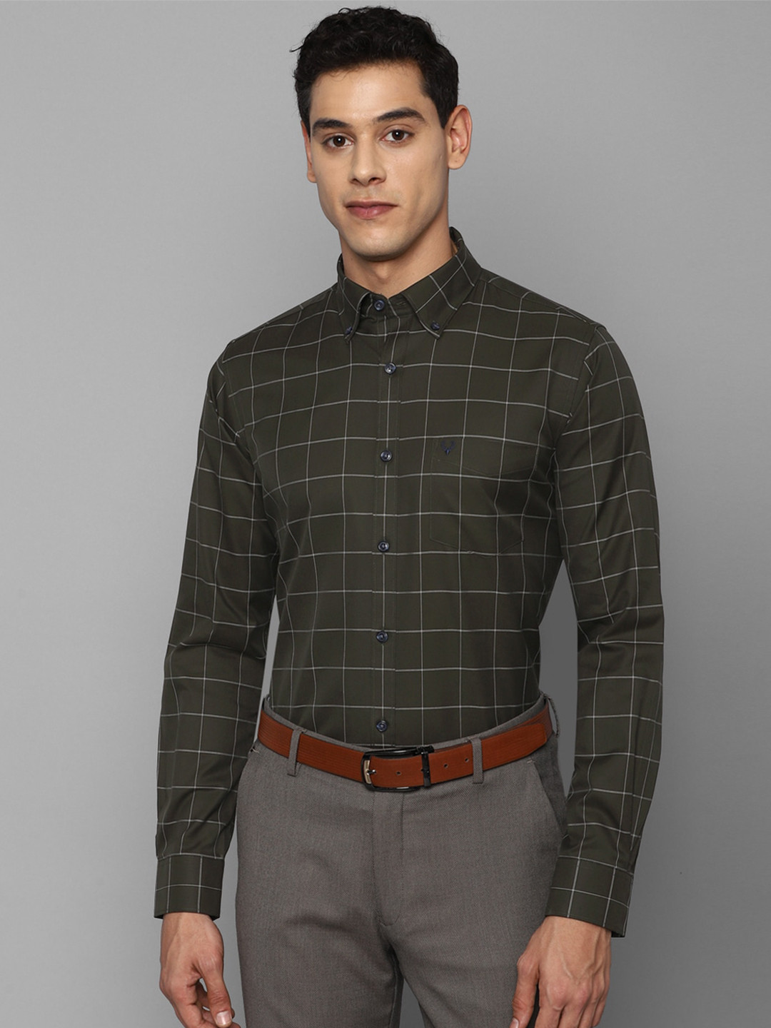 

Allen Solly Men Olive Green Slim Fit Windowpane Checks Checked Formal Shirt 100% Cotton