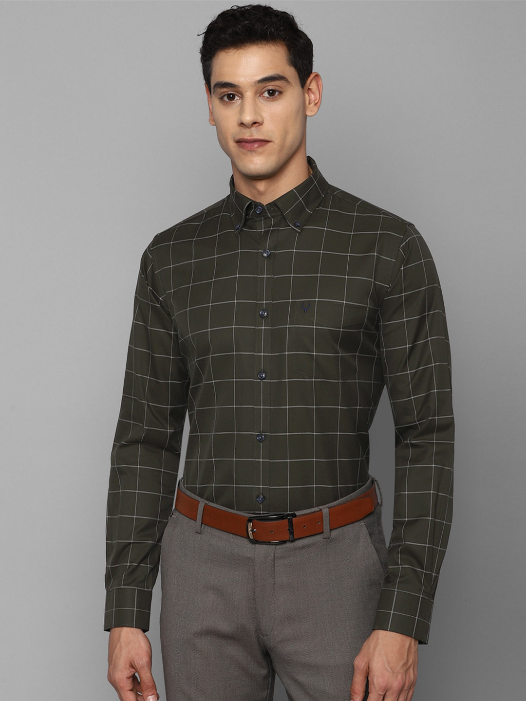 

Allen Solly Men Olive Green Slim Fit Windowpane Checks Formal Shirt