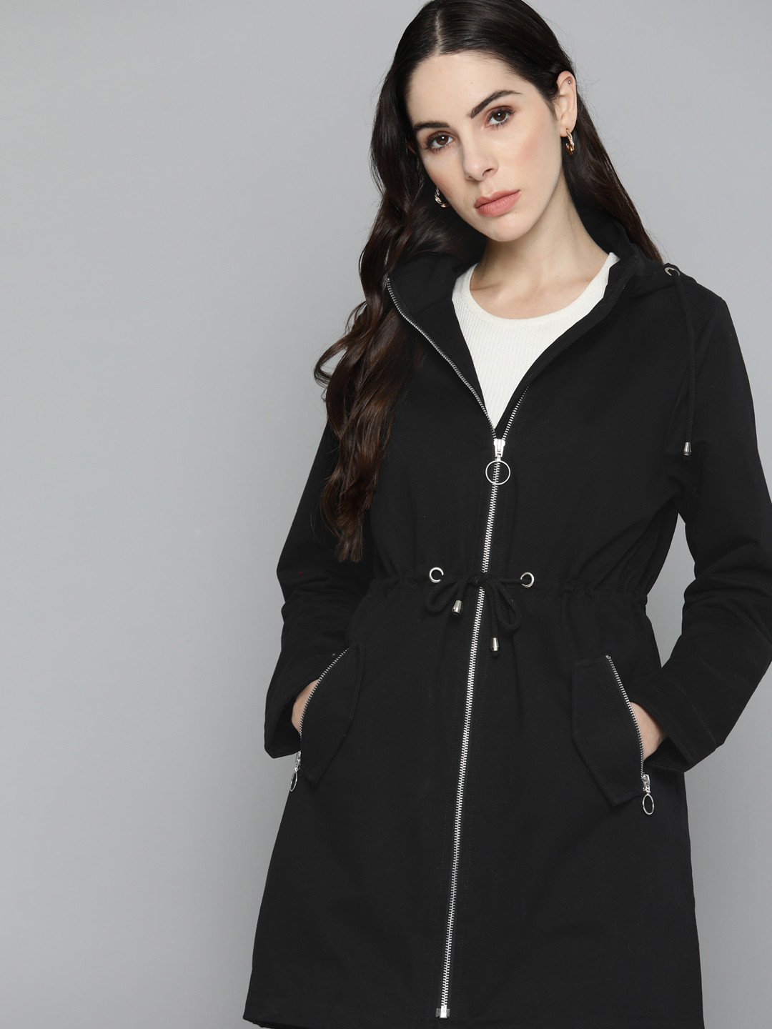 

Chemistry Women Black Pure Cotton Solid Hooded Longline Jacket
