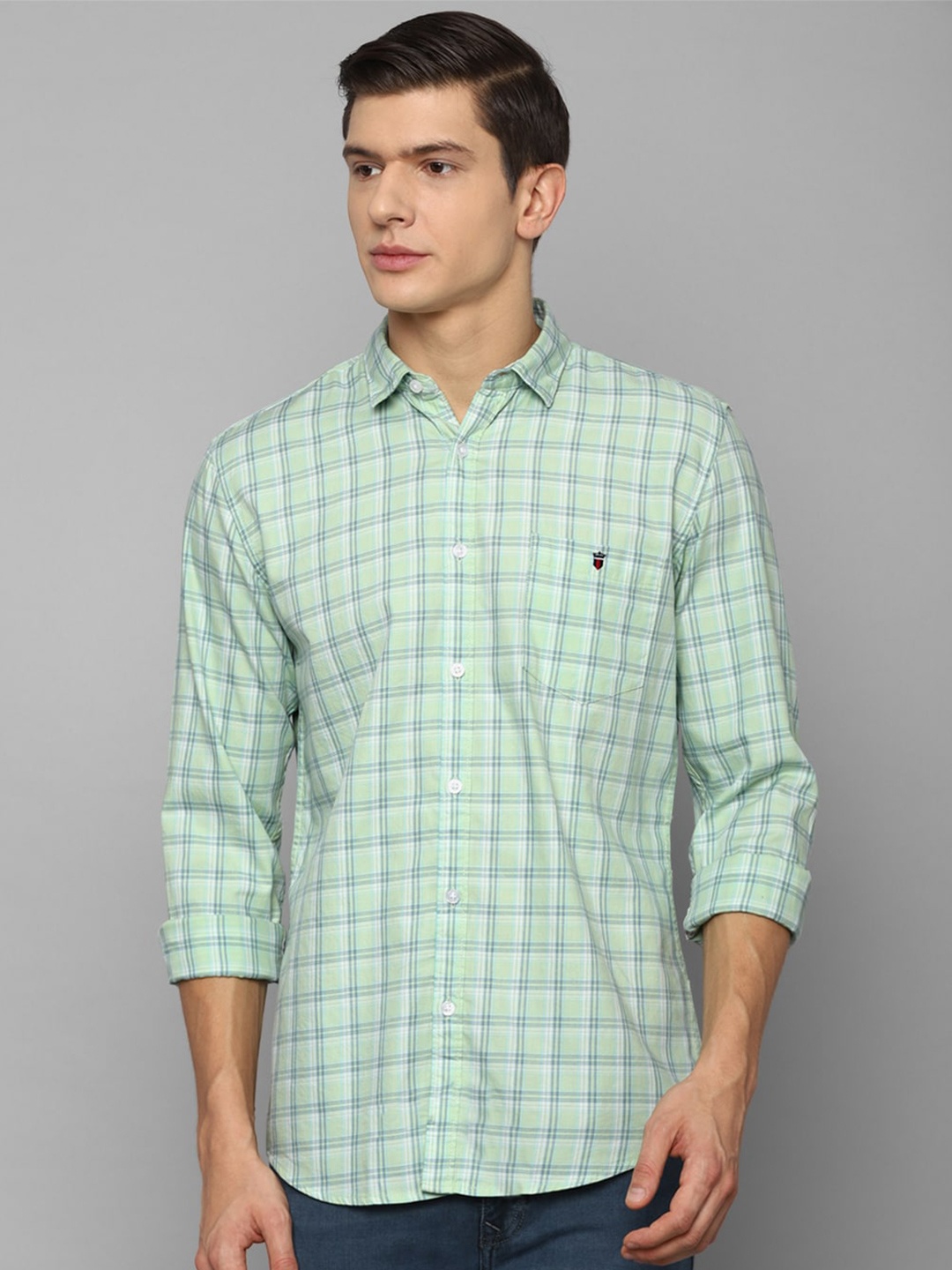 

Louis Philippe Jeans Men Sea Green Slim Fit Tartan Checked Pure Cotton Casual Shirt