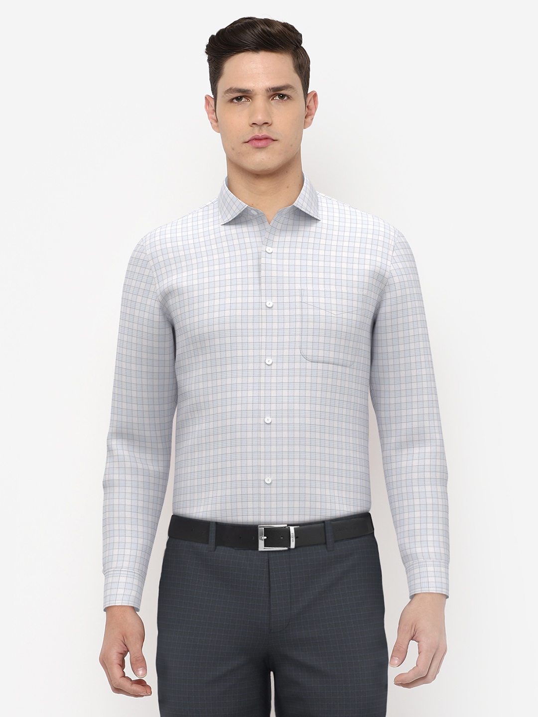 

Peter England Elite Men White Slim Fit Grid Tattersall Checked Pure Cotton Formal Shirt