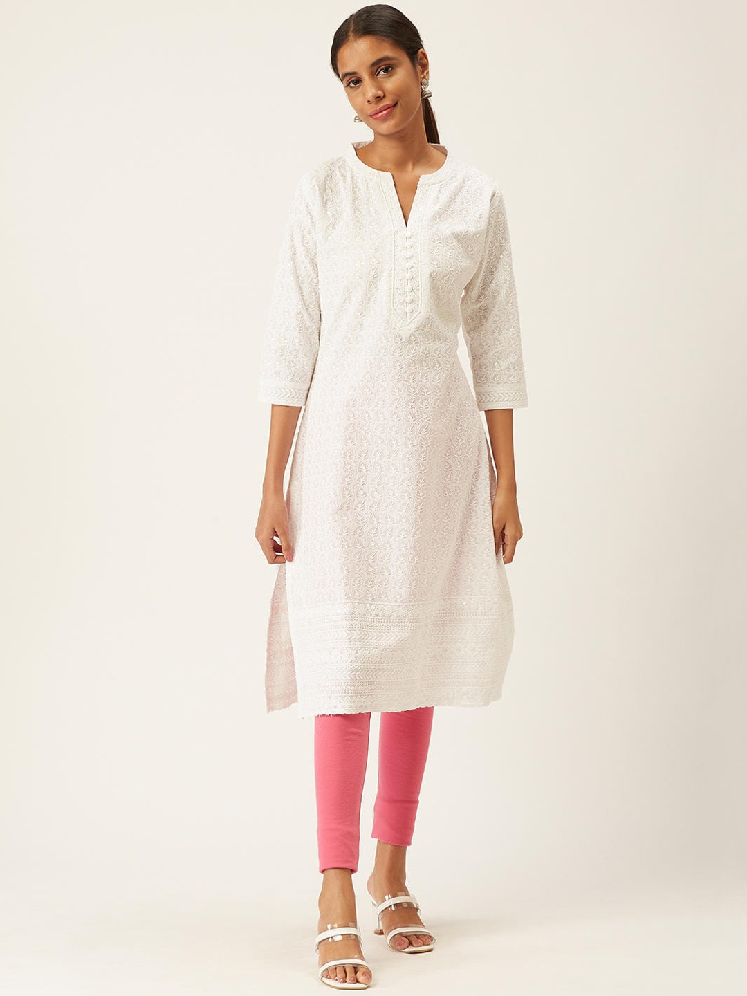 

ZOLA Women White Checked Chikankari Kurta