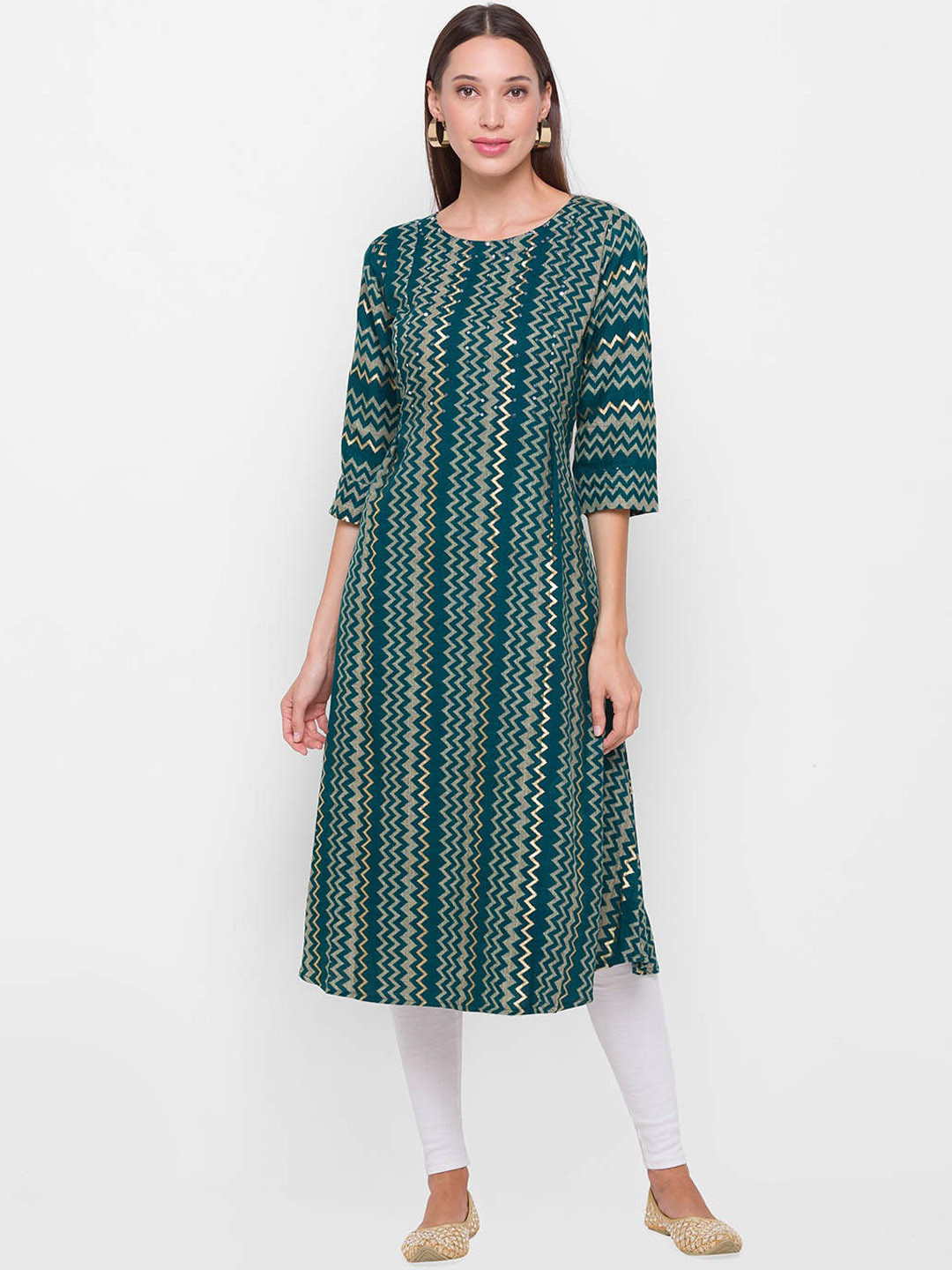 

ZOLA Women Teal Chevron Print Striped Rayon Round Neck 3/4 Sleeves Ethnic Wear Kurta