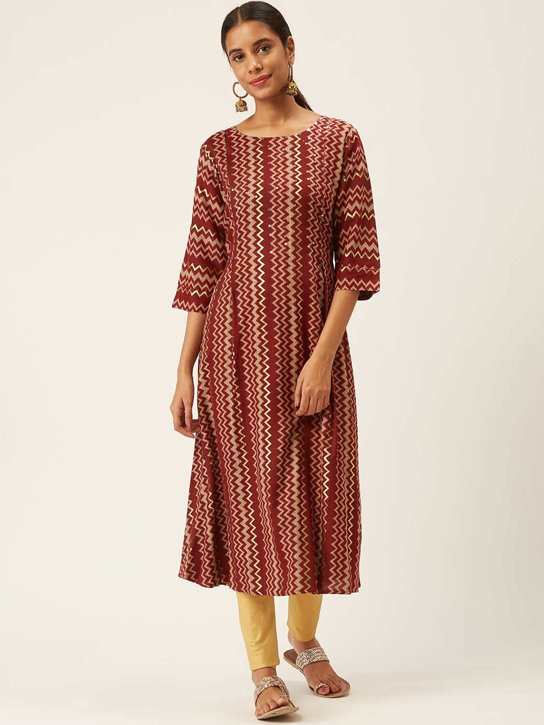 

ZOLA Women Maroon & Cream-Coloured Chevron Striped Kurta