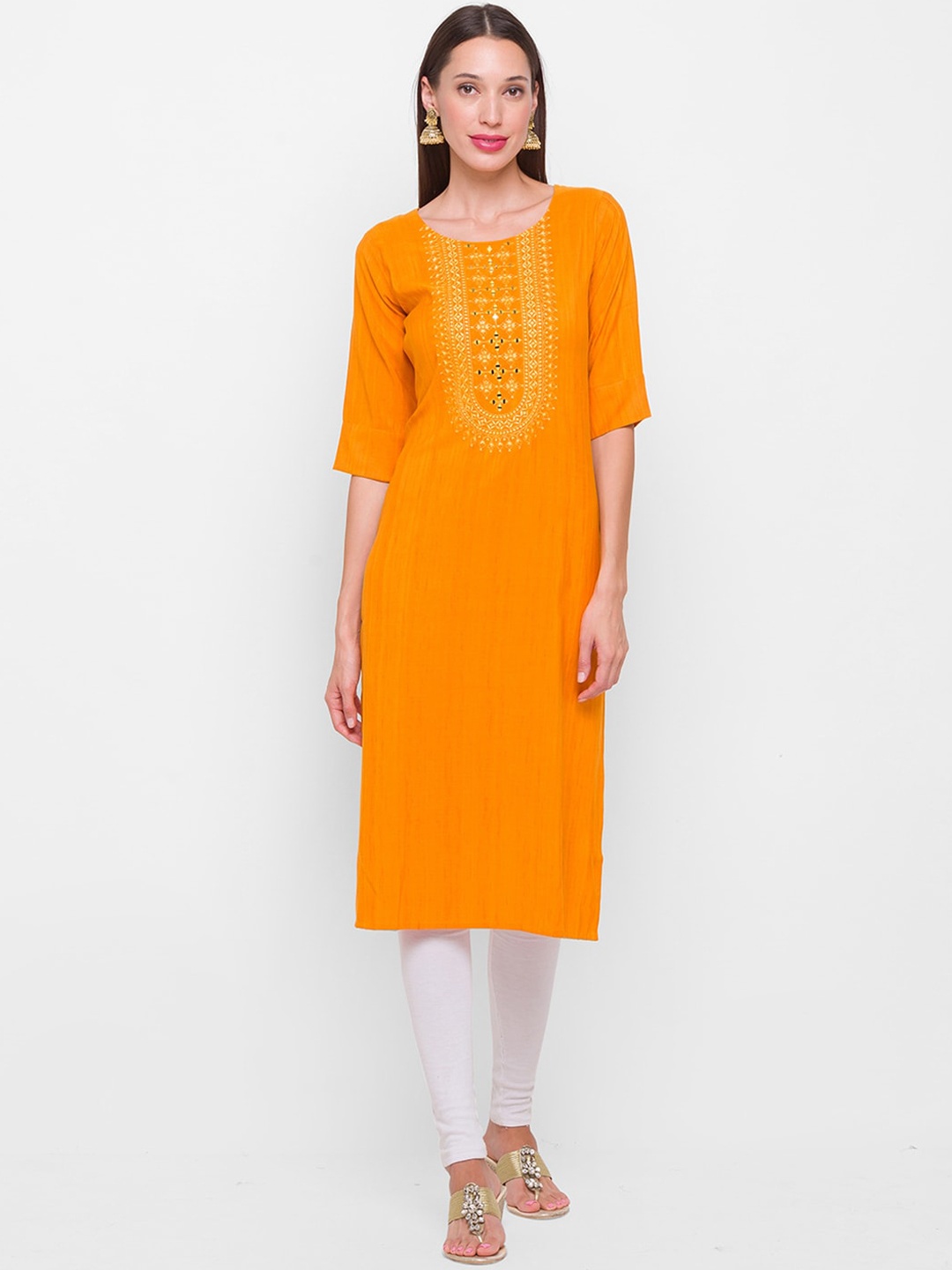 

ZOLA Women Mustard Yellow Ethnic Motifs Embroidered Mirror Work Kurta