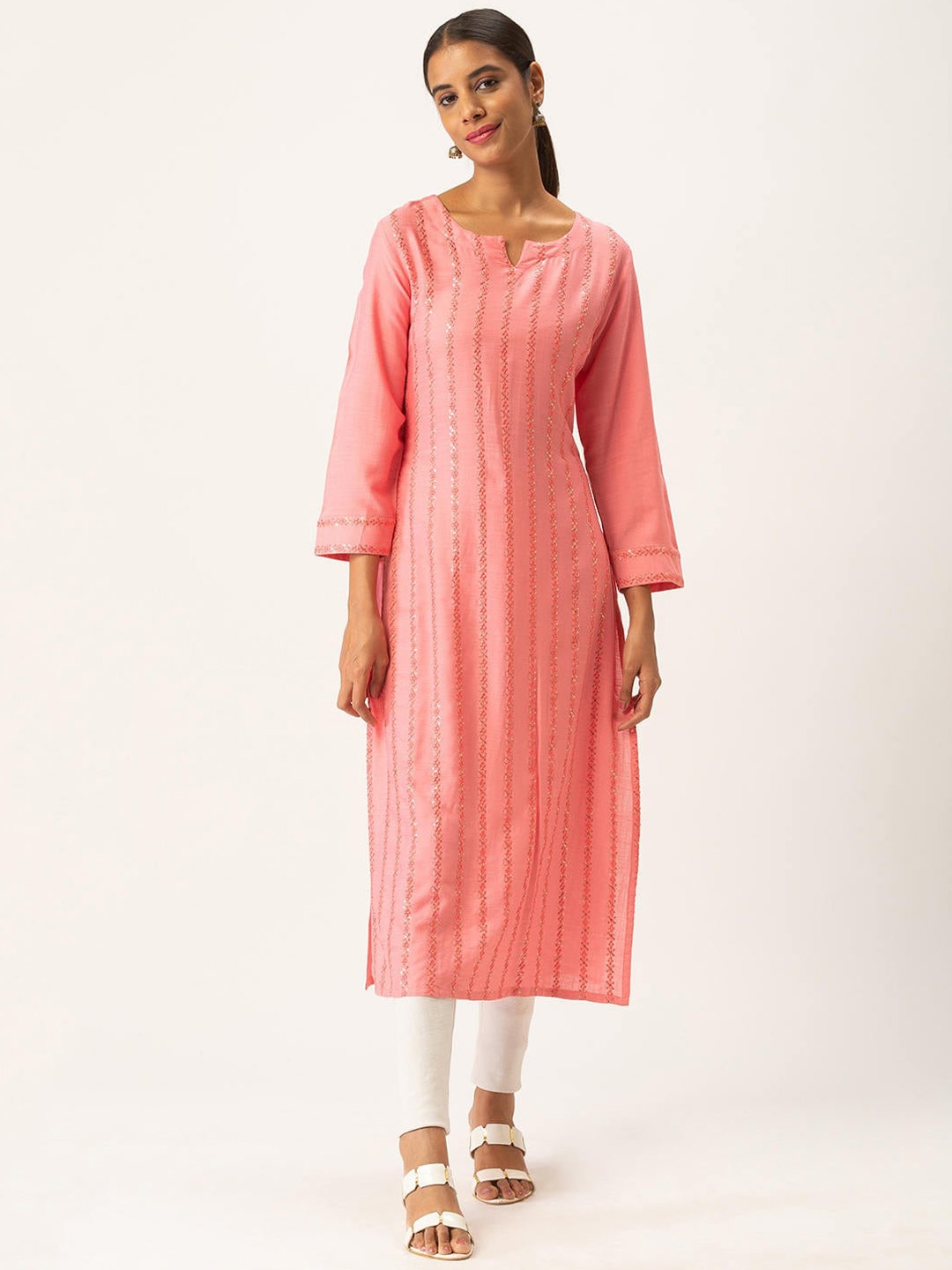 

ZOLA Women Pink Striped Thread Work Kurta