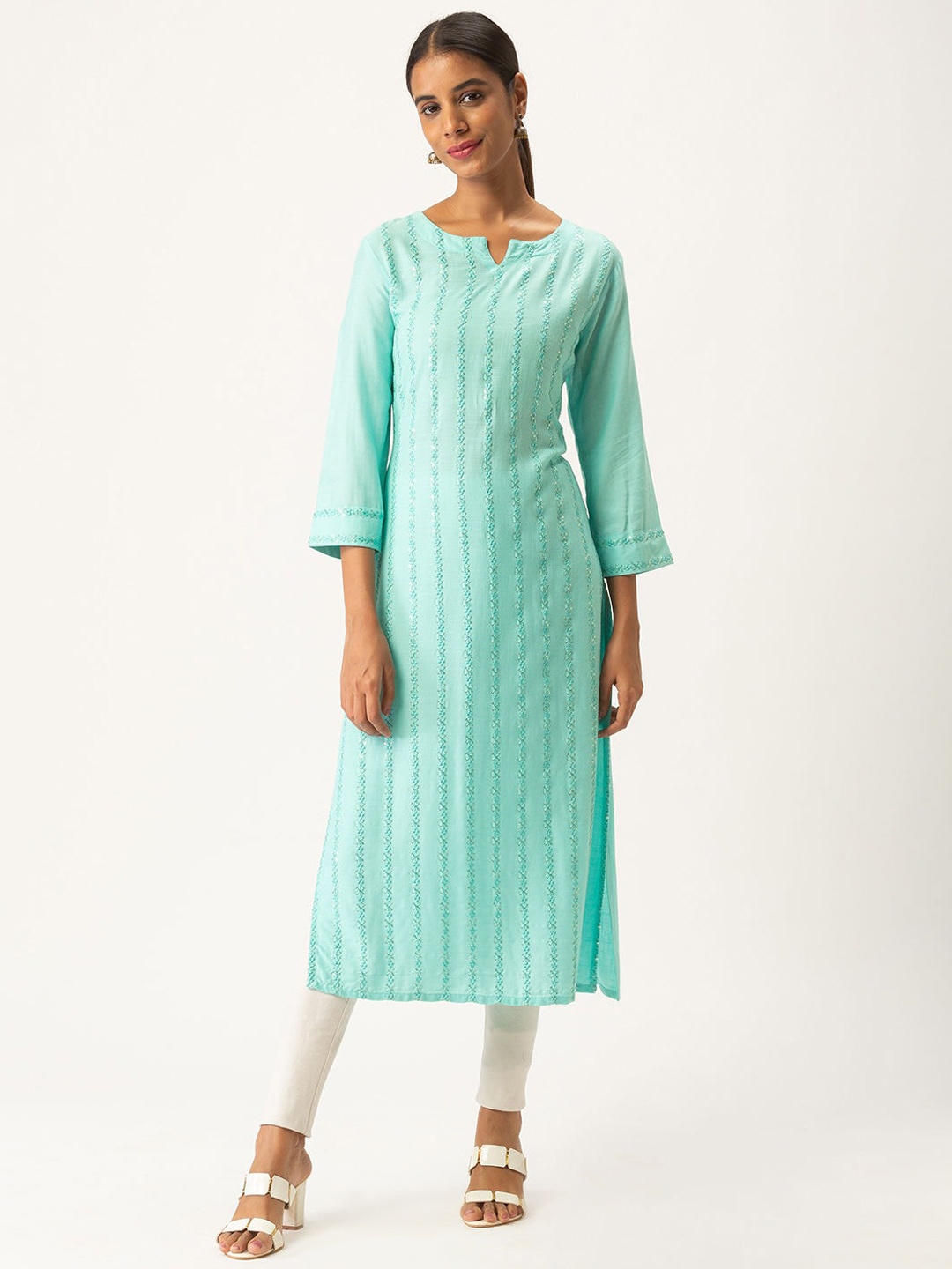 

ZOLA Women Turquoise Blue Striped Flared Sleeves Kurta