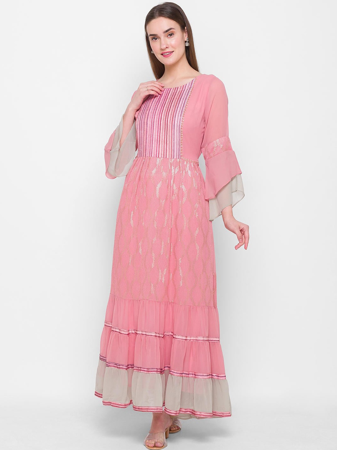 

ZOLA Women Pink Embroidered Flared Sleeves Chikankari Georgette Anarkali Kurta