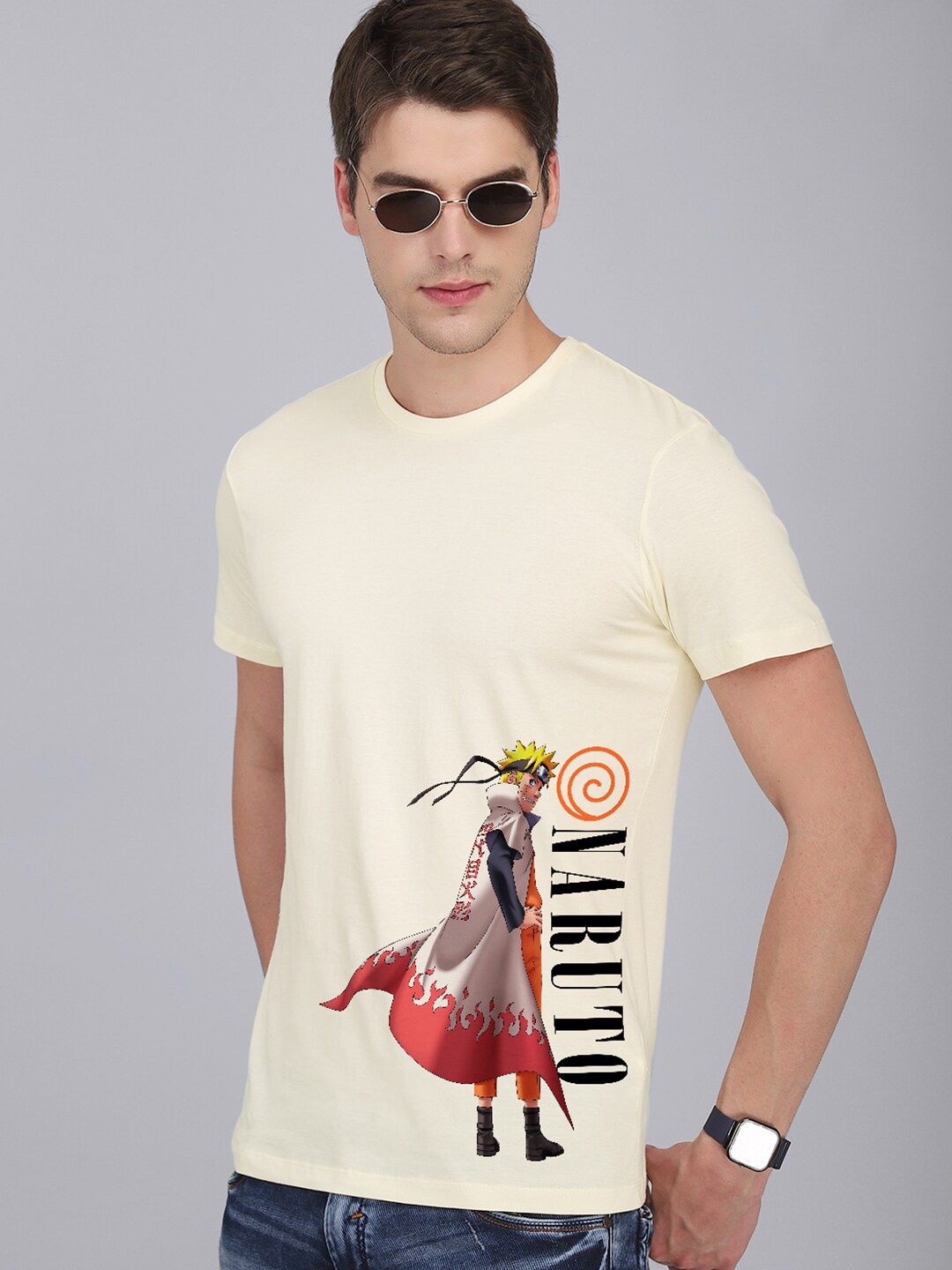 

Free Authority Men Naruto Printed Raw Edge Pure Cotton T-shirt, White