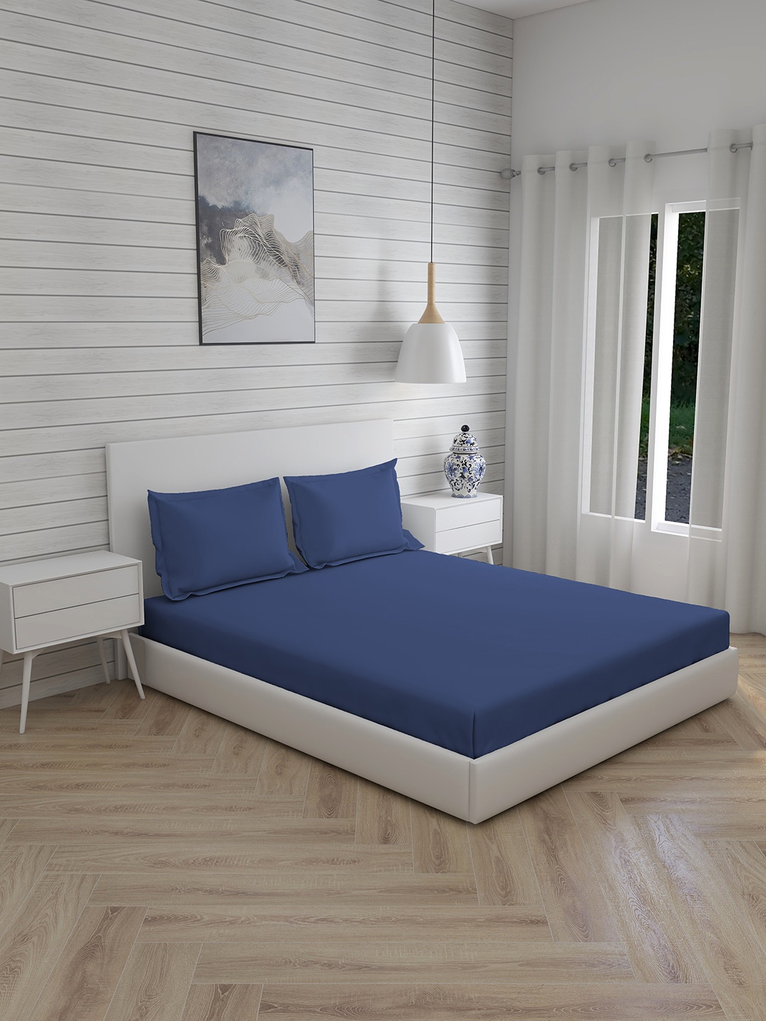 

Boutique Living India Navy Blue Solid 300 TC Double King Bedding Set