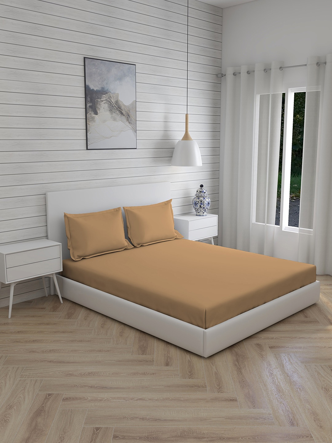 Boutique Living India Brown Solid Cotton 300 TC Double Bedding Set With Comforter