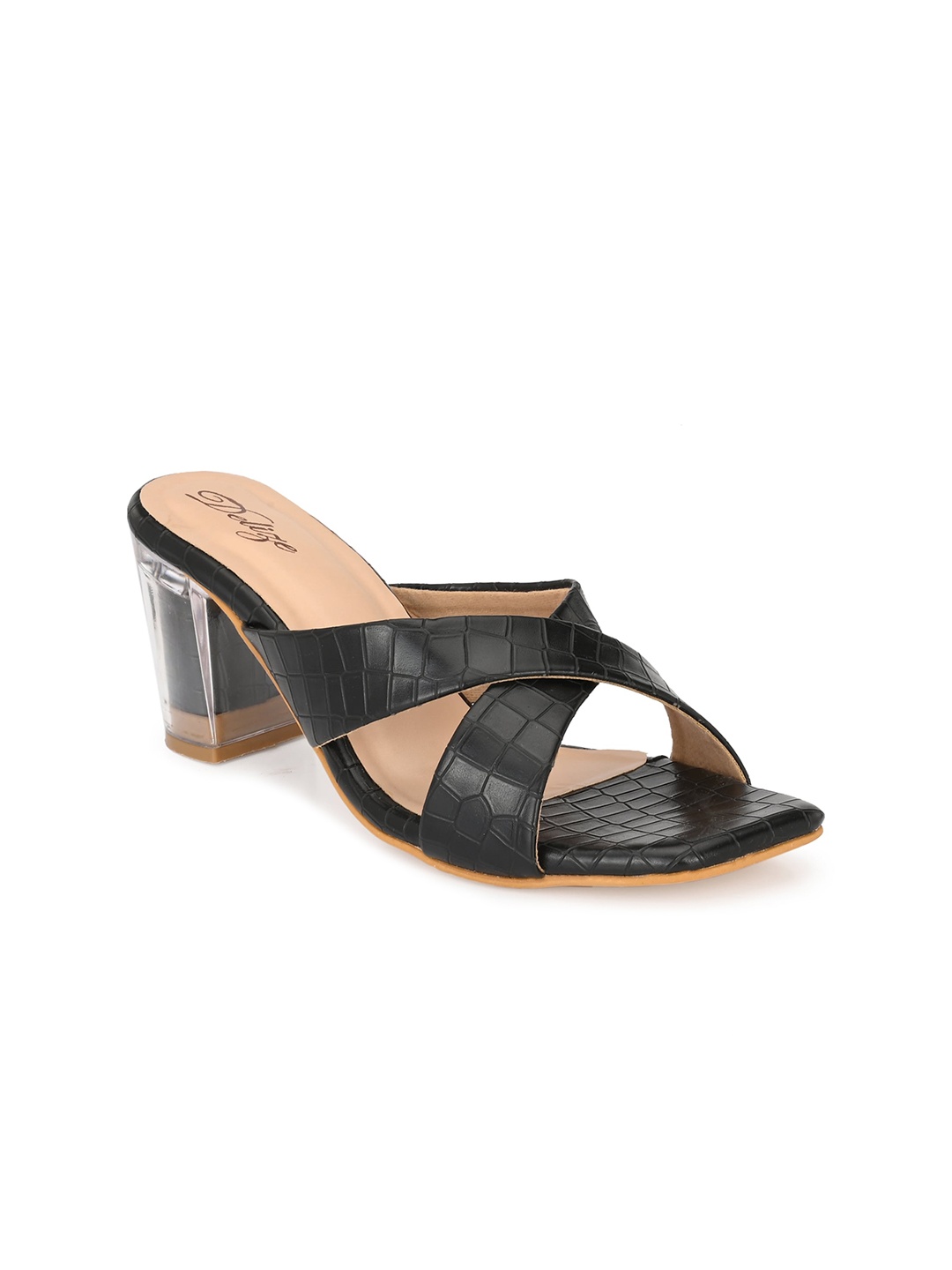 

Delize Black Printed Party Block Sandals