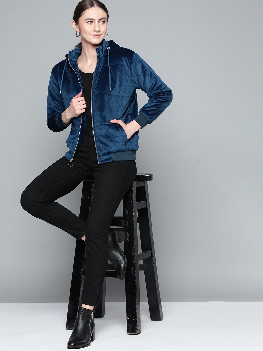 

Chemistry Women Teal Blue Solid Velvet Finish Hooded Jacket