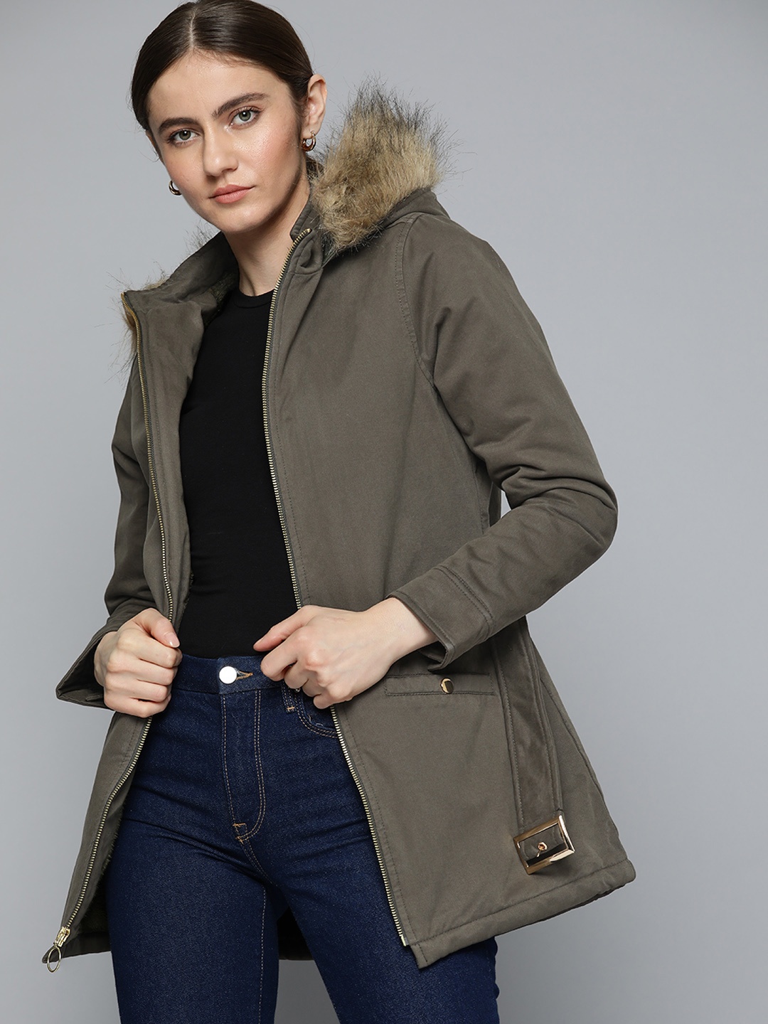 

Chemistry Women Brown Solid Faux Fur Trim Belted Longline Parka Jacket