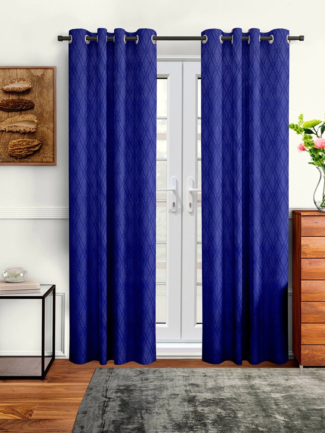 

Cortina Set of 2 Blue Embossed Abstract Print Polyester Long Door Curtains