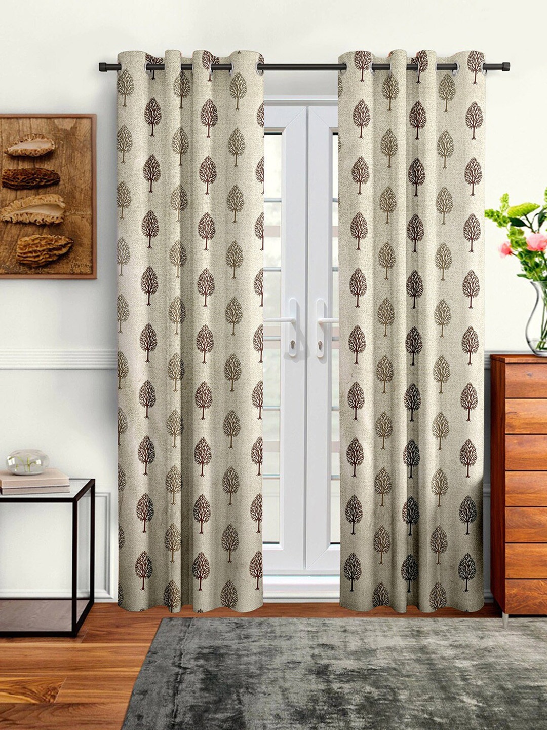 

Cortina Set of 2 Floral Printed Long Door Curtains, Beige
