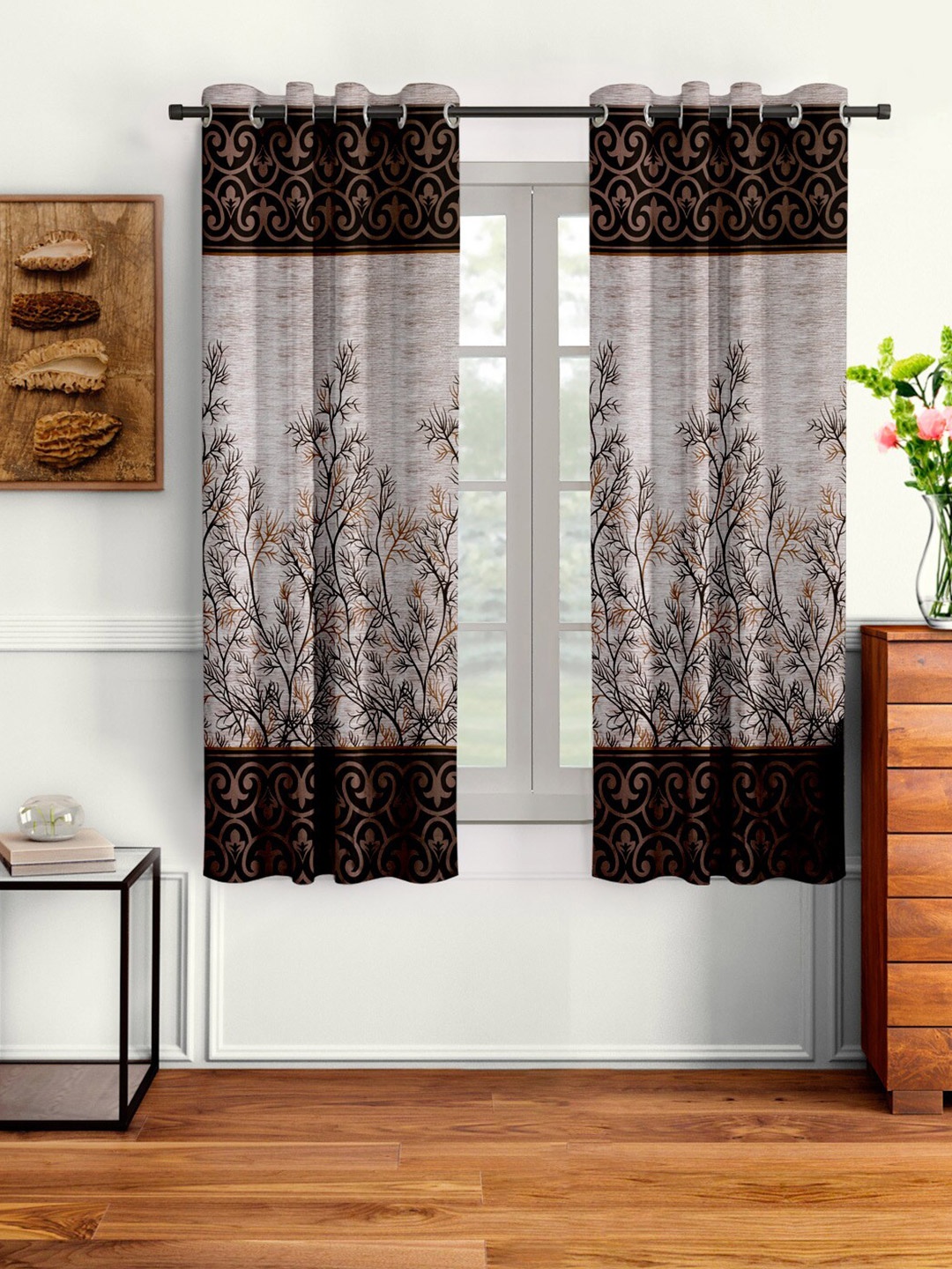 Cortina Set of 2 Abstract Printed Window Curtains, Brown