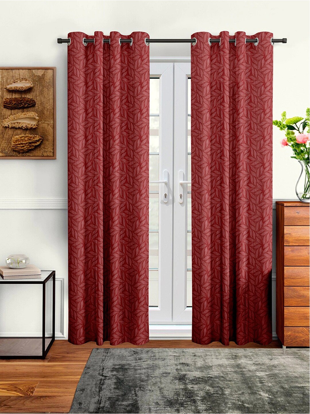Cortina Set Of 2 Maroon Floral Printed Long Door Curtains