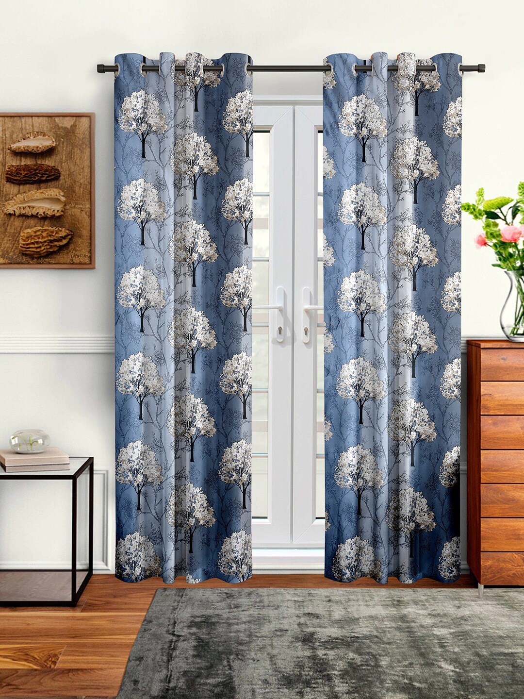 Cortina Set of 2 Floral Printed Long Door Curtains, Blue