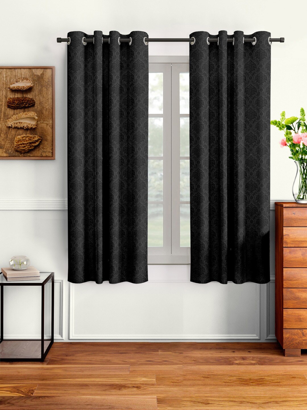 

Cortina Black Set of 2 Embossed Damask Print Window Curtain