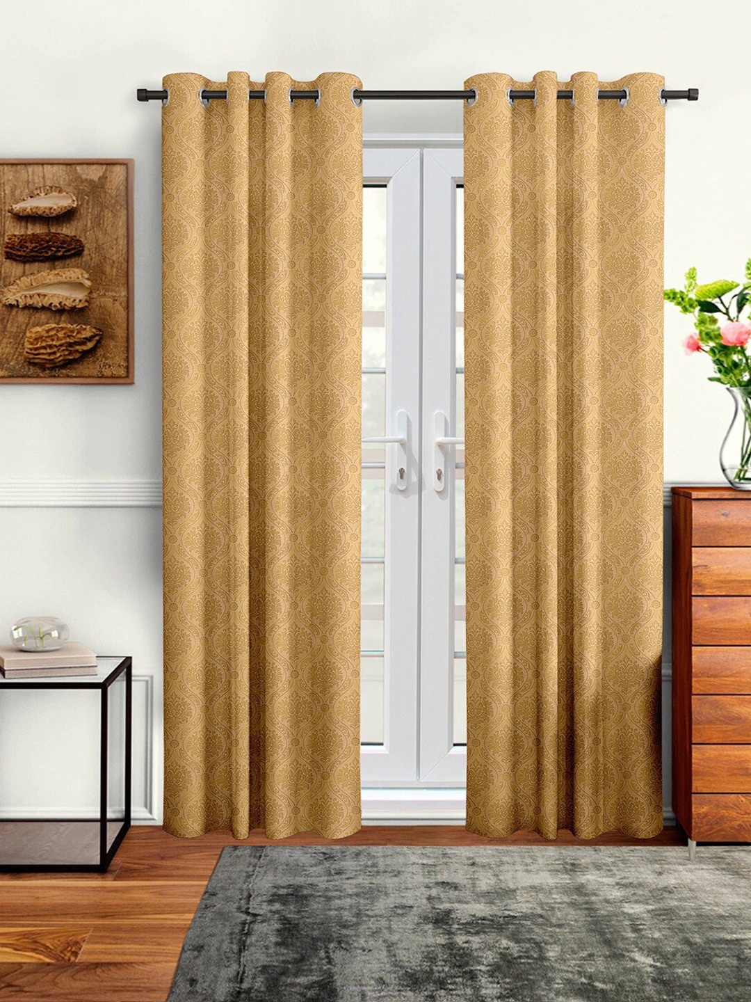

Cortina Set of 2 Beige Embossed Damask Print Polyester Door Curtains