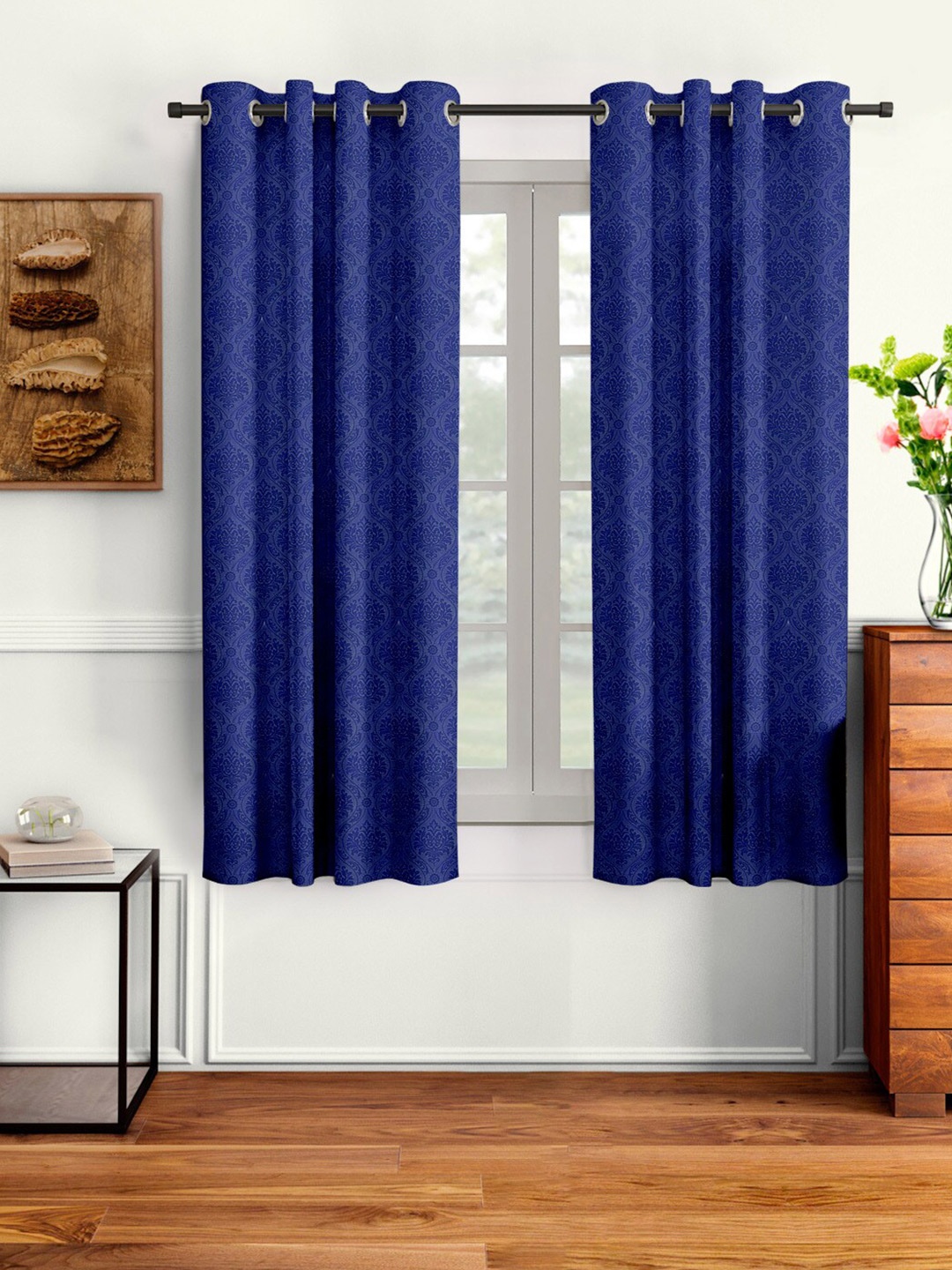 Cortina Blue Set of 2 Embossed Damask Print Window Curtains