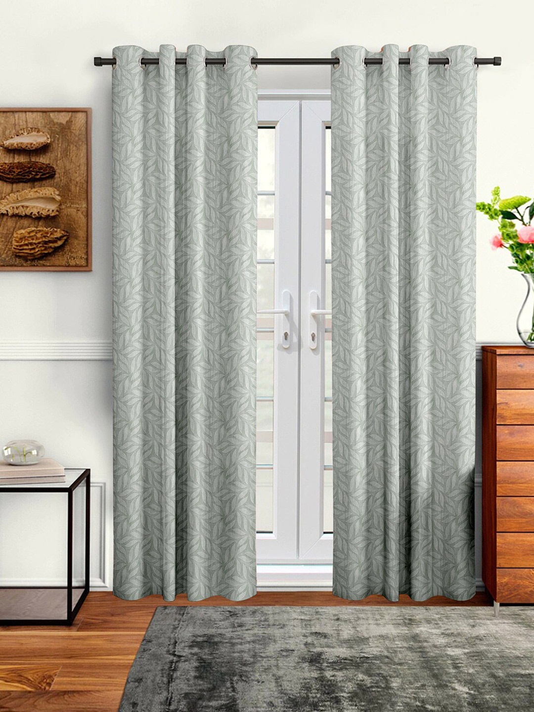 Cortina Set of 2 Grey Embossed Floral Print Polyester Long Door Curtains