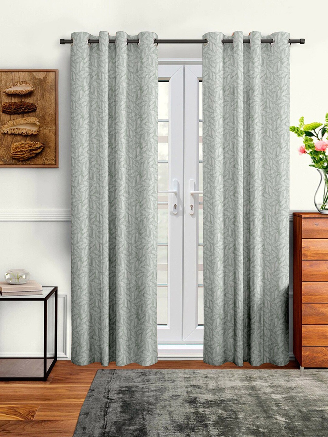 Cortina Grey Set Of 2 Embossed Floral Print Regular Door Curtains