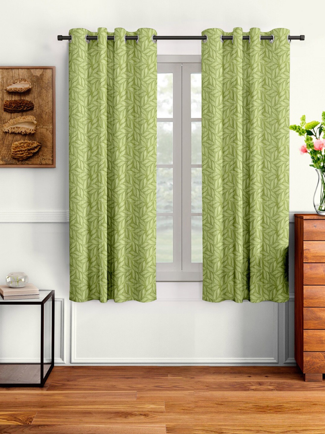Cortina Set of 2 Green Embossed Floral Print Polyester Window Curtains
