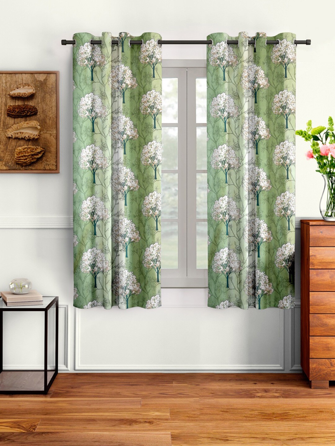 Cortina Set of 2 Floral Printed Window Curtains, Green