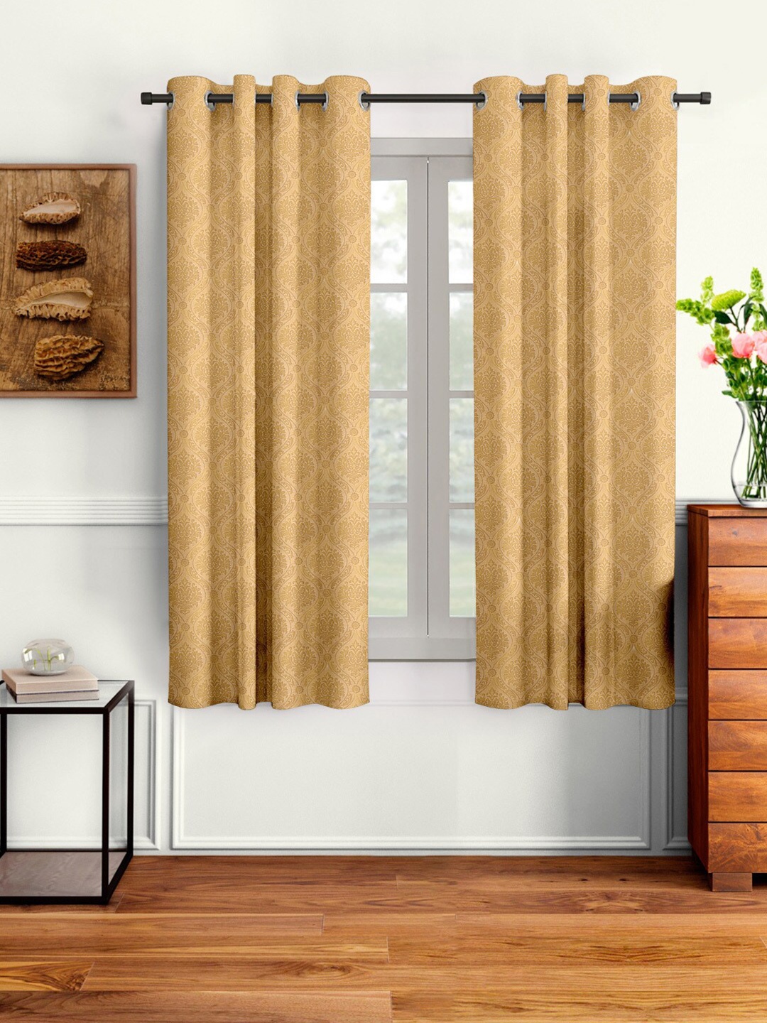 Cortina Beige Set of 2 Embossed Damask Print Window Curtains