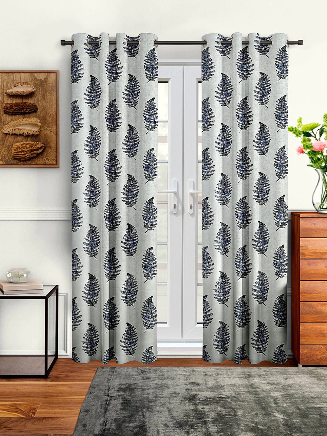 

Cortina Set of 2 Leaf Printed Long Door Curtains, Grey